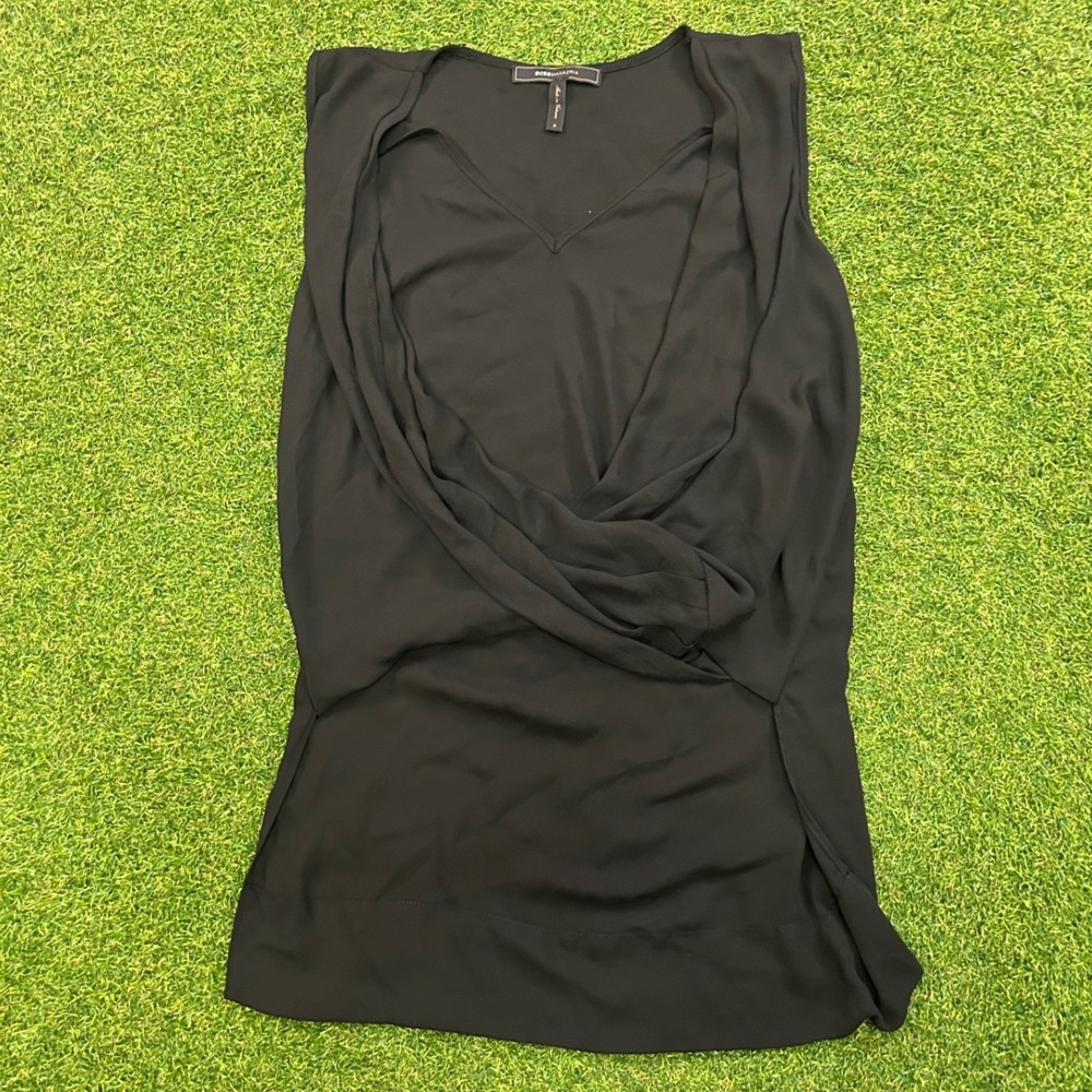 BCBGMAXAZRIA Black Draped Crossover V-Neck Sleeveless Blouse Top Small